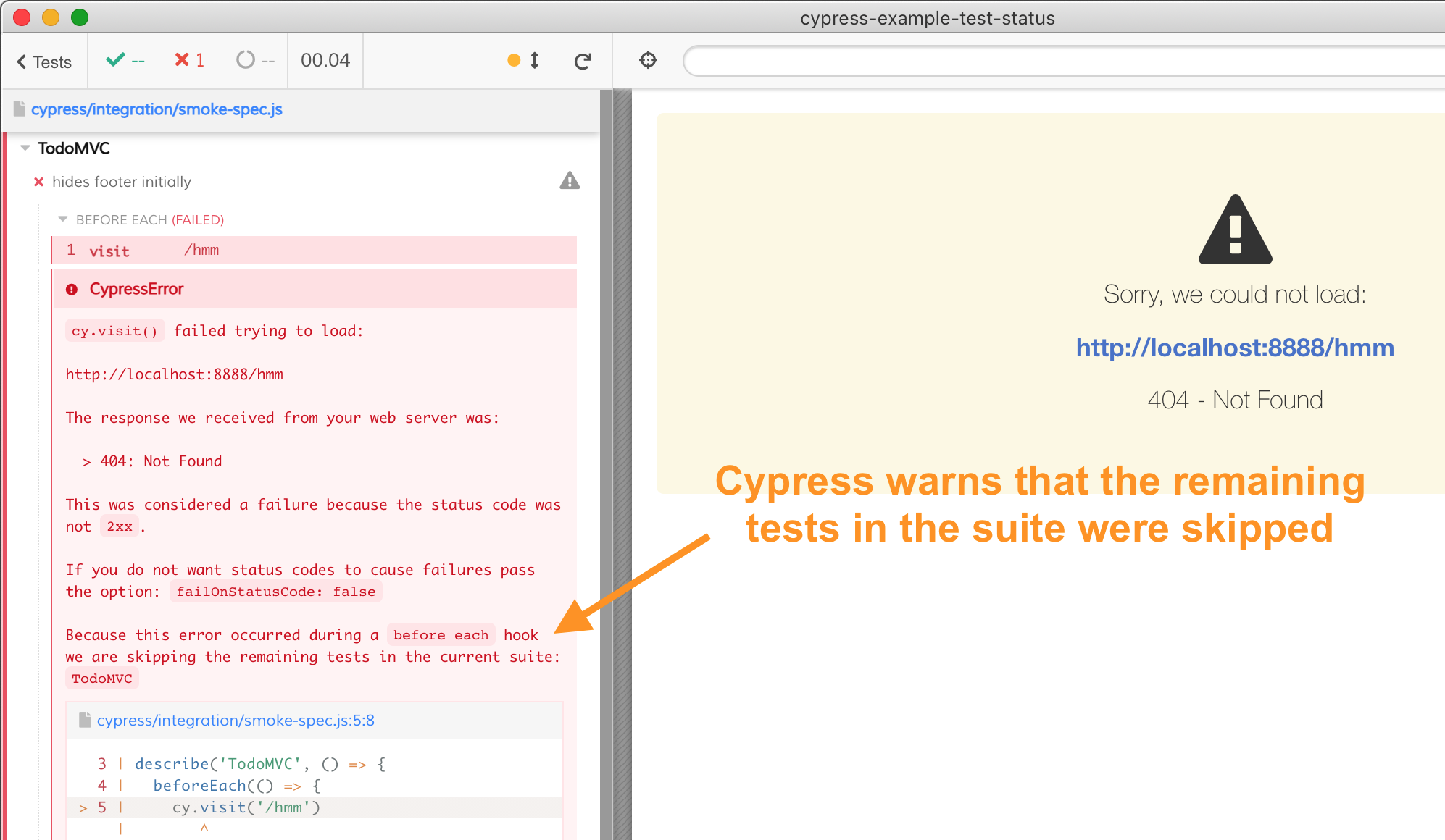 Test runner showing a skipped test